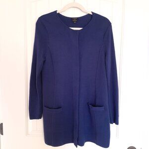 Talbots Merino Wool Round Neck Hidden Snap Cardigan Pockets Royal Blue Size LP